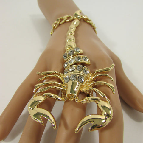 New Women Gold Metal Long Scorpion Connected Hand Chain Classic Fashion Bracelet Finger Slave Ring Rhinestones Wedding Body - alwaystyle4you - 1