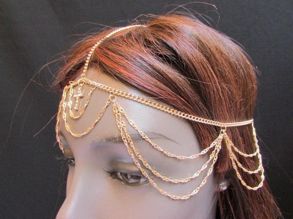 One Size Brand New Women Gold Cross Metal Wave Head Chain Fashion Hair Piece Jewelry Rhinestone - alwaystyle4you - 3