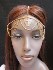 One Size Brand New Women Gold Cross Metal Wave Head Chain Fashion Hair Piece Jewelry Rhinestone - alwaystyle4you - 1