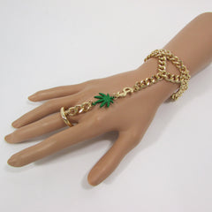 New Women Gold Metal Dollar Sign Connected Green Marihuana Leaves Hand Chain Trendy Fashion Bracelet Finger Slave Ring Body - alwaystyle4you - 1