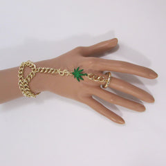 New Women Gold Metal Dollar Sign Connected Green Marihuana Leaves Hand Chain Trendy Fashion Bracelet Finger Slave Ring Body - alwaystyle4you - 2