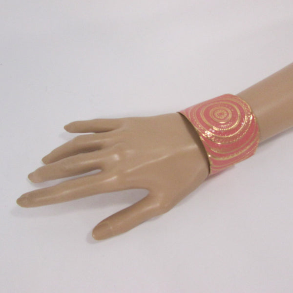 Gold With Pink / Black / Metal 2" Wide Cuff Bracelet Hand Trendy Fashion New Women Jewelry Accessories