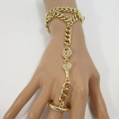 New Women Gold Metal Lock key Connected Hand Chain Trendy Fashion Bracelet Finger Slave Ring Body - alwaystyle4you - 1
