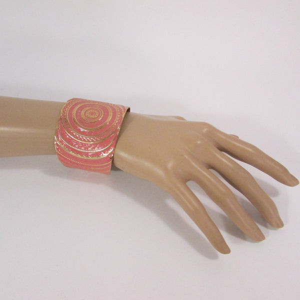 Gold With Pink / Black / Metal 2" Wide Cuff Bracelet Hand Trendy Fashion New Women Jewelry Accessories - alwaystyle4you - 8