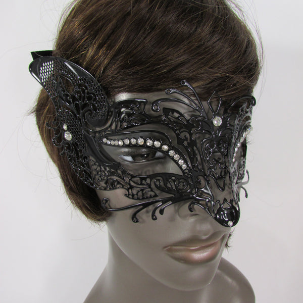 New Women Fashion Mardi Gras Black Metal Half Mask Fox Face Silver Rhinestones Halloween Carnival Back Tie - alwaystyle4you - 4