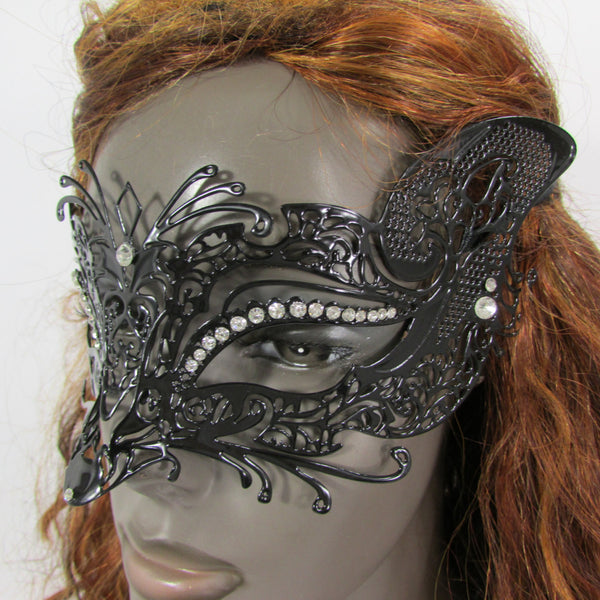 New Women Fashion Mardi Gras Black Metal Half Mask Fox Face Silver Rhinestones Halloween Carnival Back Tie - alwaystyle4you - 3