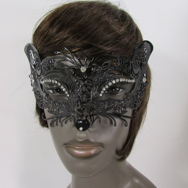 New Women Fashion Mardi Gras Black Metal Half Mask Fox Face Silver Rhinestones Halloween Carnival Back Tie - alwaystyle4you - 2