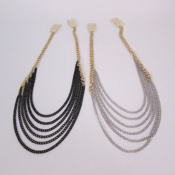 Brand New Trendy Women Gold Metal Long Head Chain Sides Clips Multi Waves Silver / Black Draps Strands Fashion Jewelry #0003 - alwaystyle4you - 3