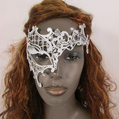 New Women Fashion Mardi Gras White Metal Half Mask Silver Rhinestones Halloween Carnival Half Face Right Side Back Tie - alwaystyle4you - 2
