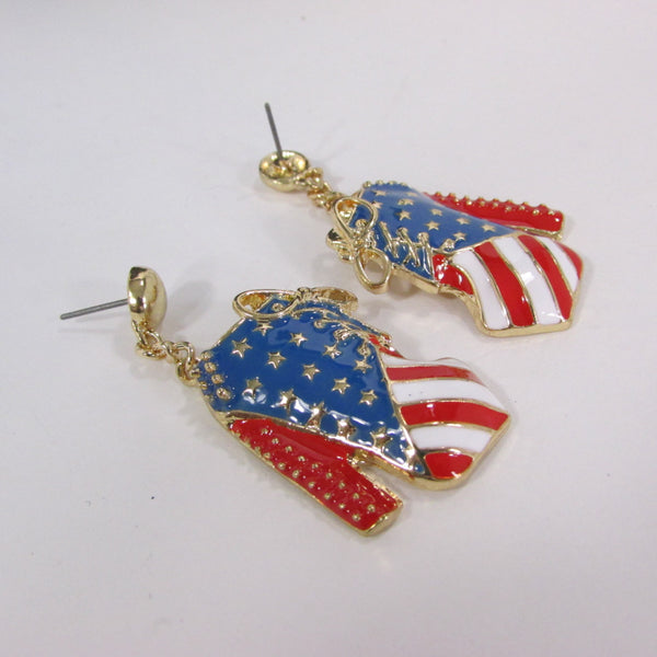 New Women Gold American Flag USA Metal Dangle Pump Shoes Red Blue High Heel Stilettos Trendy Earrings Set Hook Hip Hop Fashion - alwaystyle4you - 3
