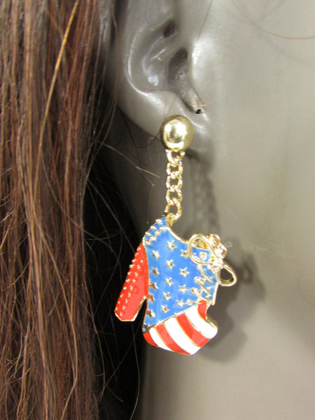 New Women Gold American Flag USA Metal Dangle Pump Shoes Red Blue High Heel Stilettos Trendy Earrings Set Hook Hip Hop Fashion - alwaystyle4you - 4