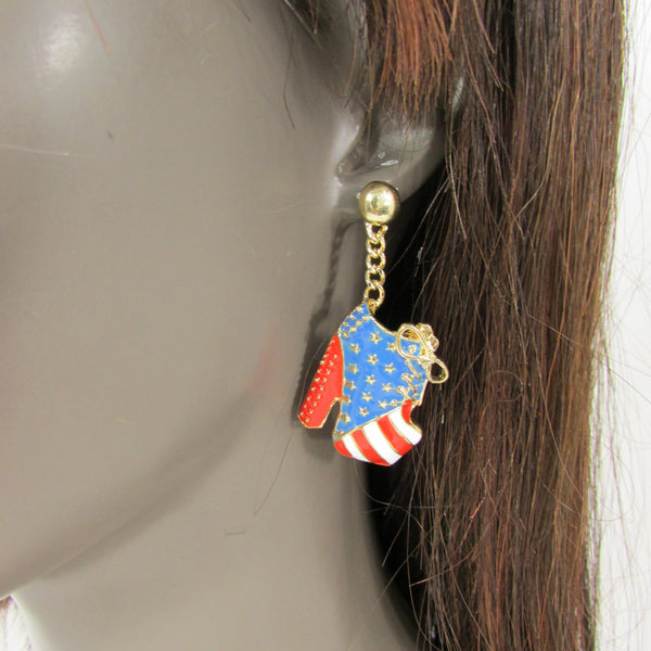 New Women Gold American Flag USA Metal Dangle Pump Shoes Red Blue High Heel Stilettos Trendy Earrings Set Hook Hip Hop Fashion - alwaystyle4you - 1