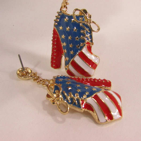 Gold Metal American Flag Dangle Pump Shoes Red Blue Earrings Set Hook Women Accessories