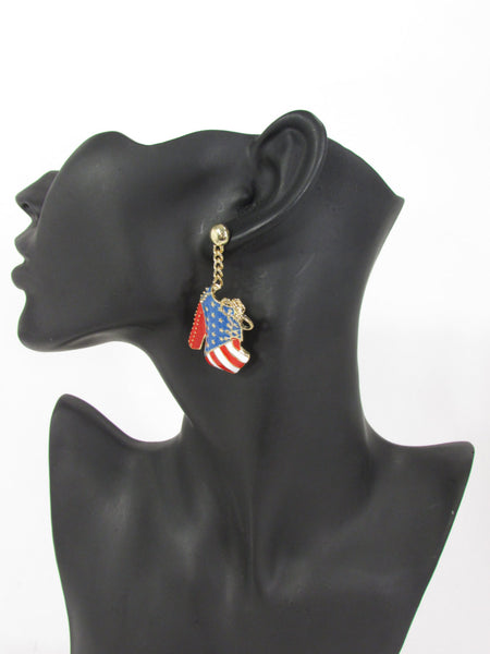 New Women Gold American Flag USA Metal Dangle Pump Shoes Red Blue High Heel Stilettos Trendy Earrings Set Hook Hip Hop Fashion - alwaystyle4you - 2