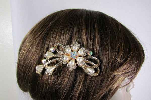 New Women Gold With Silver Flower Rhinestones Fashion Metal Head Pin Fashion Jewelry Hair Accessories - alwaystyle4you - 3