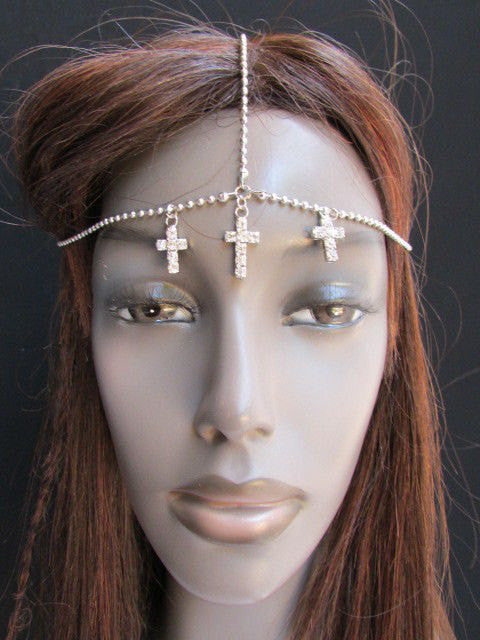 One Size Brand Women Silver Cross Metal Wave Head Chain Fashion Hair Piece Jewelry Rhinestone - alwaystyle4you - 1