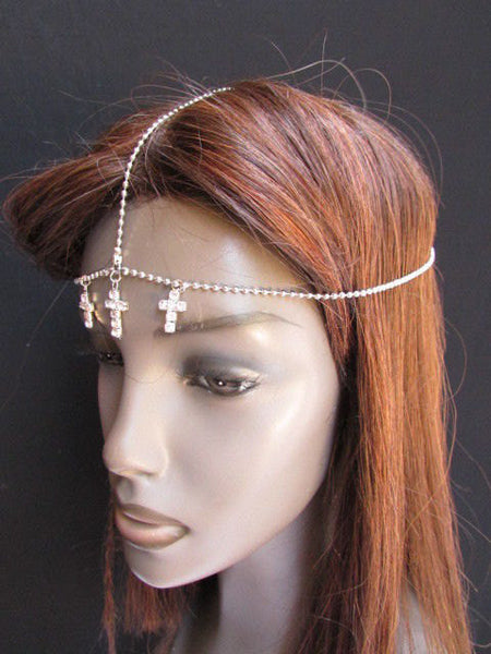 One Size Brand New Women Silver Cross Metal Wave Head Chain Fashion Hair Piece Jewelry Rhinestone - alwaystyle4you - 3