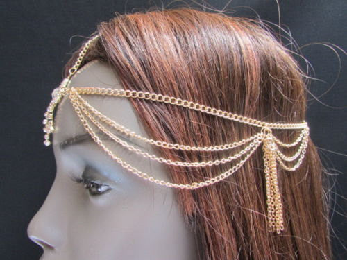Brand New Rhinestone Gold Women Fashion Triangle Metal Multi Drapes Head Band Forehead Jewelry Hair Accessories Wedding Beach Party - alwaystyle4you - 4