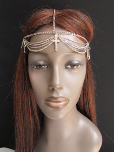 One Size Brand Women Silver Cross Metal Head Chain Fashion Hair Piece Jewelry Wedding Party Beach - alwaystyle4you - 4
