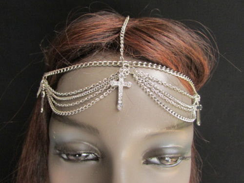 One Size Brand New Women Silver Cross Metal Head Chain Fashion Hair Piece Jewelry Wedding Party Beach - alwaystyle4you - 3