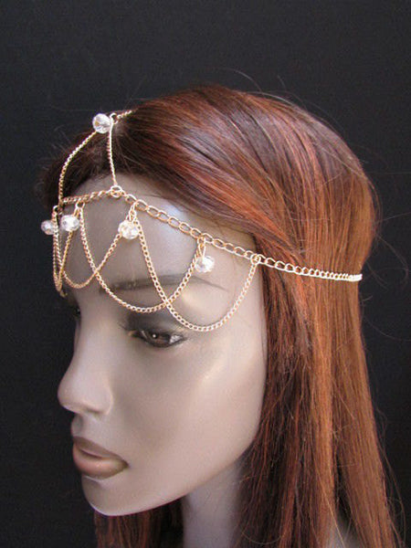 One Size Brand New Women Gold Multi Clear Beads Metal Waves Head Chain Fashion Hair Piece Trendy Style Jewelry Rhinestone Light Thin Chains - alwaystyle4you - 5