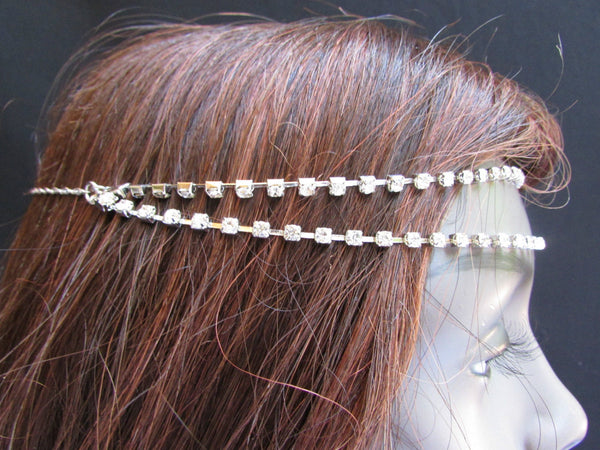 Silver Metal Head Chain Hair Piece Two Forehead Strands Rhinestones Women Accessories