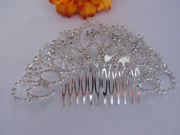 New Women Silver Large Metal Fans Flowers Dressy Pin Rhinestones Fashion Jewelry Hair Accessories Wedding - alwaystyle4you - 2