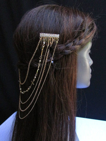 New Trendy Women Gold Multi Cross With Rhinestones Metal Chain Front Forehead Back Drapes Hair Pin Fashion Jewelry Hair Accessories Long - alwaystyle4you - 2