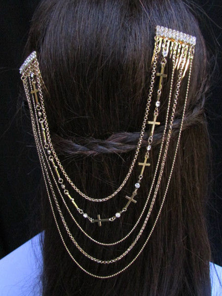 Gold Silver Metal Long Chain Front Back Multi Cross Drapes Rhinestones Hair Pin Accessories