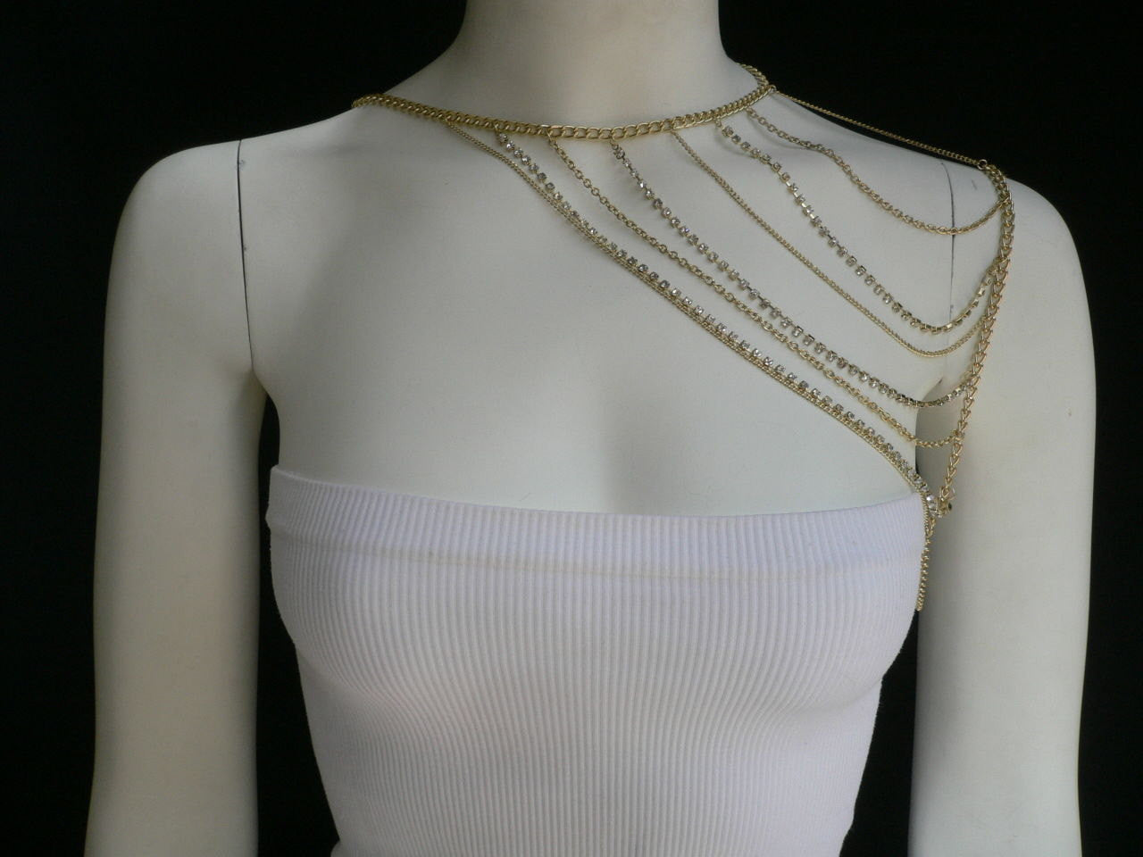 Gold Metal Long Chain Clear Rhinestones One Side Shoulders Body Chain  Necklace