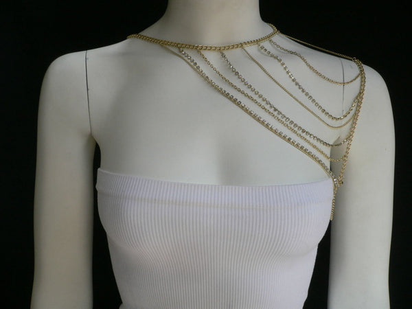 New Women Casual Gold Metal Long Chain One Side Shoulders Body Chain Necklace Fashion Jewelry Clear Rhinestones - alwaystyle4you - 1