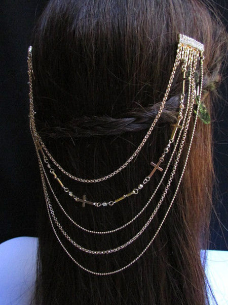 New Trendy Women Gold Multi Cross With Rhinestones Metal Chain Front Forehead Back Drapes Hair Pin Fashion Jewelry Hair Accessories Long - alwaystyle4you - 1