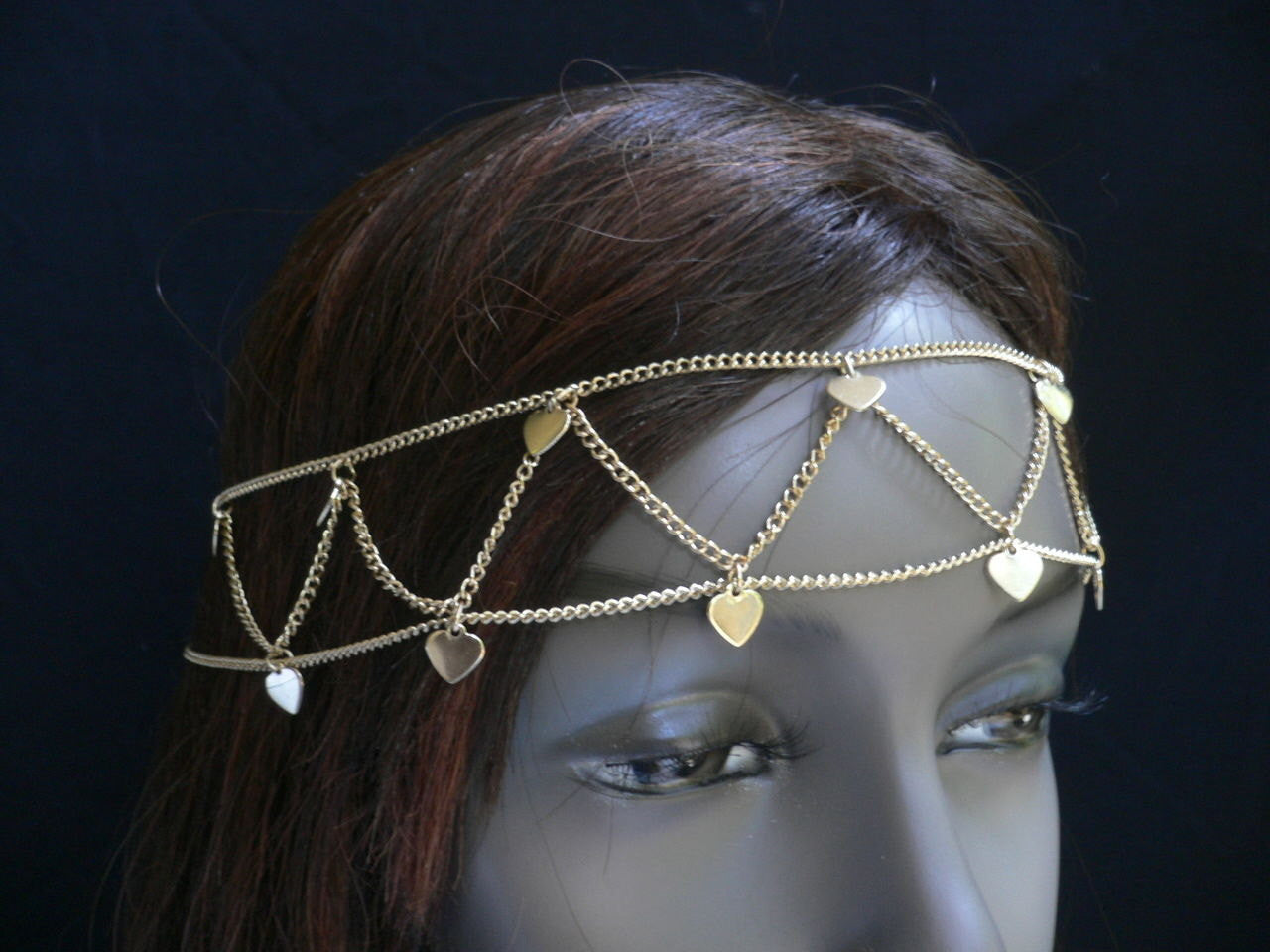 Gold Metal Head Band Chain Multi Hearts Jewelry Hair Casual alwaystyle4you