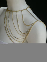 New Women Casual Gold Metal Long Chain One Side Shoulders Body Chain Necklace Fashion Jewelry Clear Rhinestones - alwaystyle4you - 2