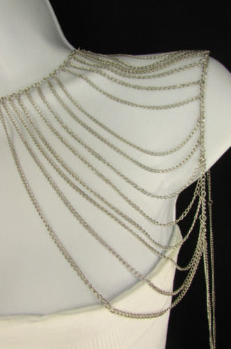 Brand New Casual Trendy Body Chain Silver Metal Thin Chain Necklace Fashion One Side Shoulder Drapes Lady Gaga Women Accessories - alwaystyle4you - 5