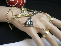 New Women Trendy Gold Black Rhinestone Arrows Metal Hand Chain Slave Ring Fashion Body Chain Bracelet Slave Ring Beach Party - alwaystyle4you - 3