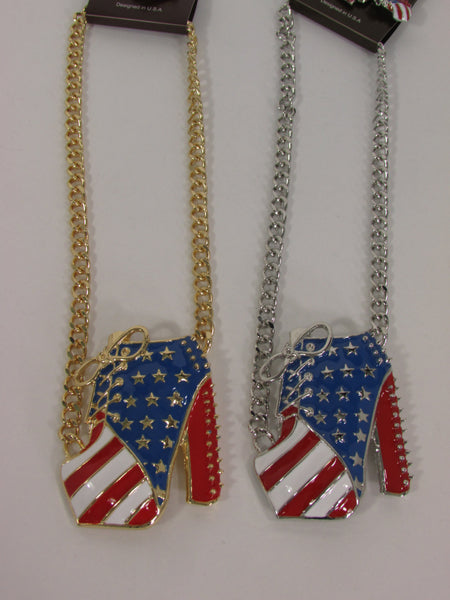 Large Metal High Heels Shoes Pendant Fashion Chains Gold / Silver Rhinestones American Flag USA Stars Necklace + Earrings Set - alwaystyle4you - 5