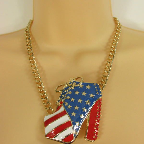 Large Metal High Heels Shoes Pendant Fashion Chains Gold / Silver Rhinestones American Flag USA Stars Necklace + Earrings Set - alwaystyle4you - 2