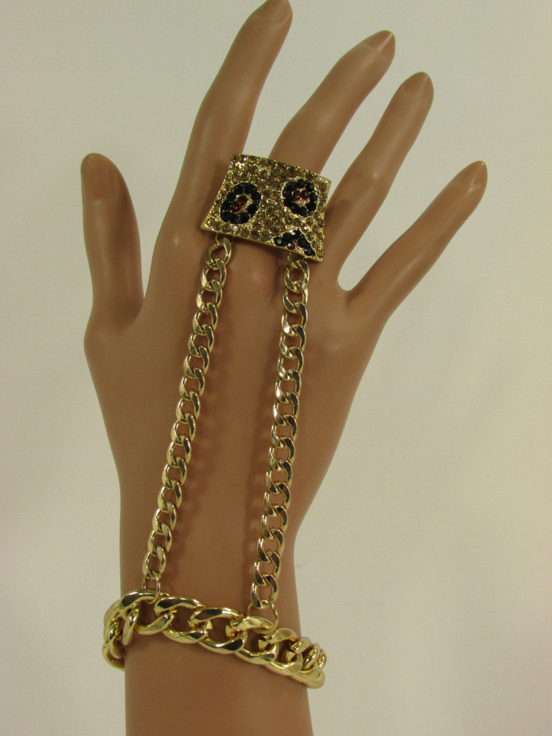 Women Hand Chain Fashion Bracelet Bling Jewelry Gold Metal Chains Big Leopard Black Brown Rhinestones Slave Ring - One Size Fits All - alwaystyle4you - 5