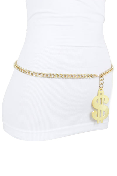 New Women Gold Metal Chain Dollar Money $ Charm Hip Hop Hood Bling Style Belt Size M L XL