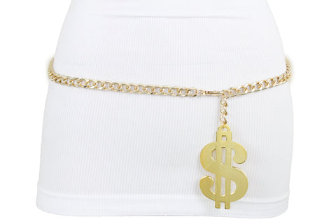 New Women Gold Metal Chain US Dollar Money $ Charm Hip High Hip Hop Belt Size XS S M