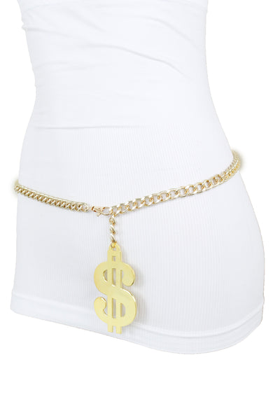 New Women Gold Metal Chain Dollar Money $ Charm Hip Hop Hood Bling Style Belt Size M L XL