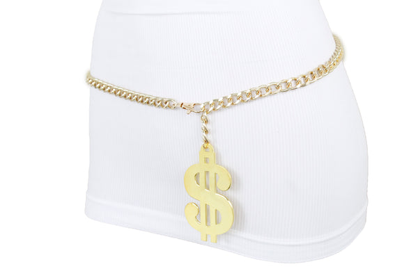 New Women Gold Metal Chain Dollar Money $ Charm Gangster Fashion Belt Plus Size XL XXL
