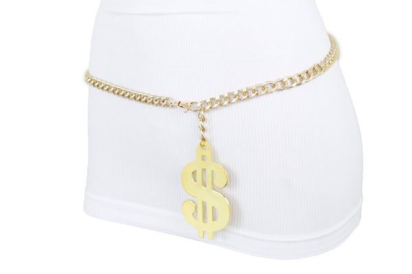 New Women Gold Metal Chain US Dollar Money $ Charm Hip High Hip Hop Belt Size XS S M