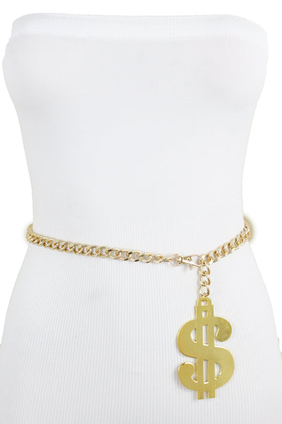 New Women Gold Metal Chain Dollar Money $ Charm Hip Hop Hood Bling Style Belt Size M L XL