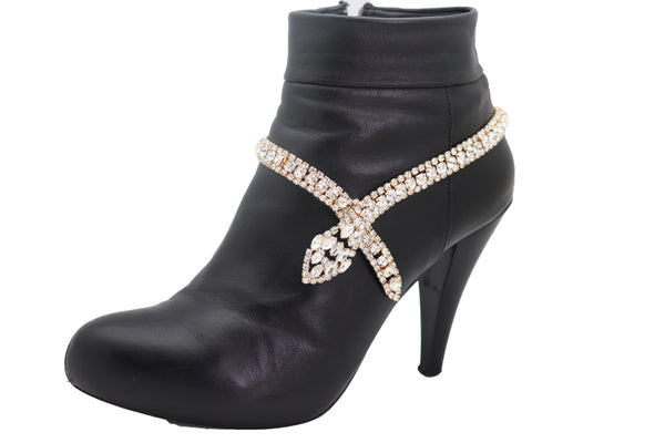 Brand New Women Gold Metal Boot Chain Links Black Fabric Strap Bracelet Shoe Bling Jewelry