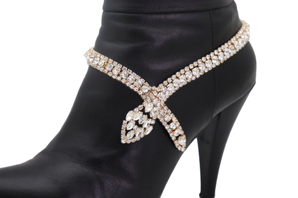 Brand New Women Gold Metal Boot Chain Links Black Fabric Strap Bracelet Shoe Bling Jewelry
