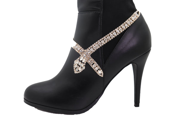 Brand New Women Gold Metal Boot Chain Links Black Fabric Strap Bracelet Shoe Bling Jewelry