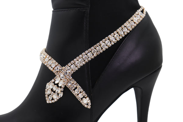 Brand New Women Gold Metal Boot Chain Links Black Fabric Strap Bracelet Shoe Bling Jewelry
