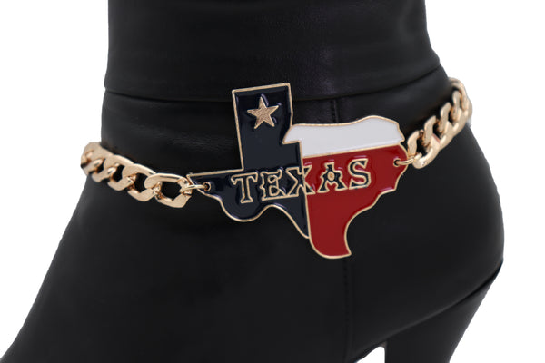 Women Gold Metal Chain Boot Bracelet Western Shoe Texas State Map Charm Anklet Comfortable Strap